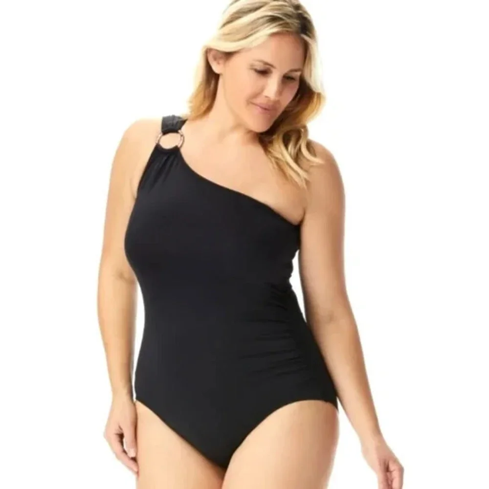 Michael Kors Plus One Shoulder Swim One-Piece Swimsuit 16 Black